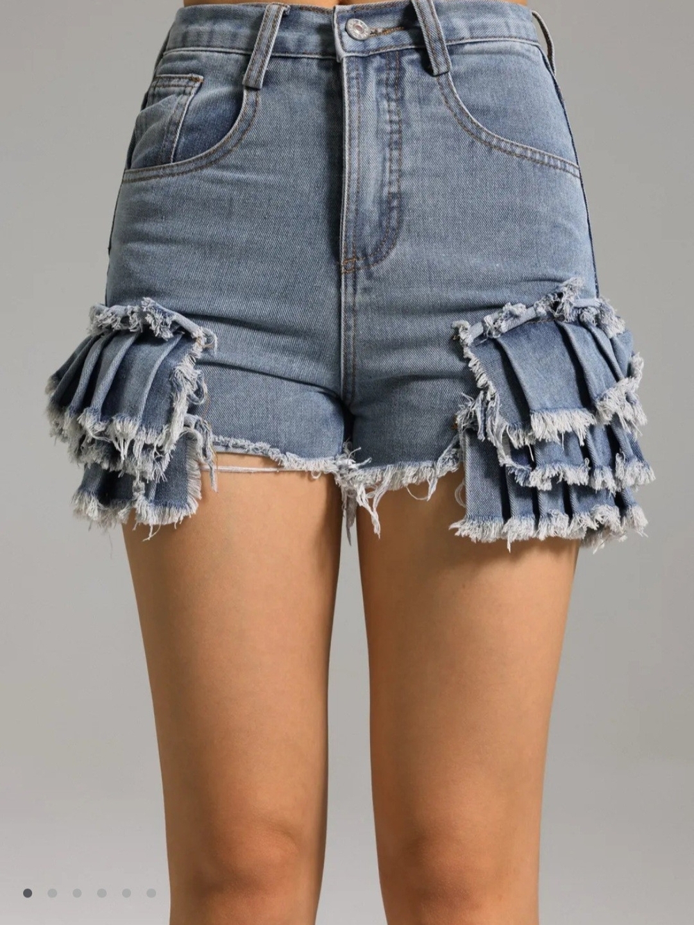 High-Waisted Denim Fringe Tiered Shorts - Blue